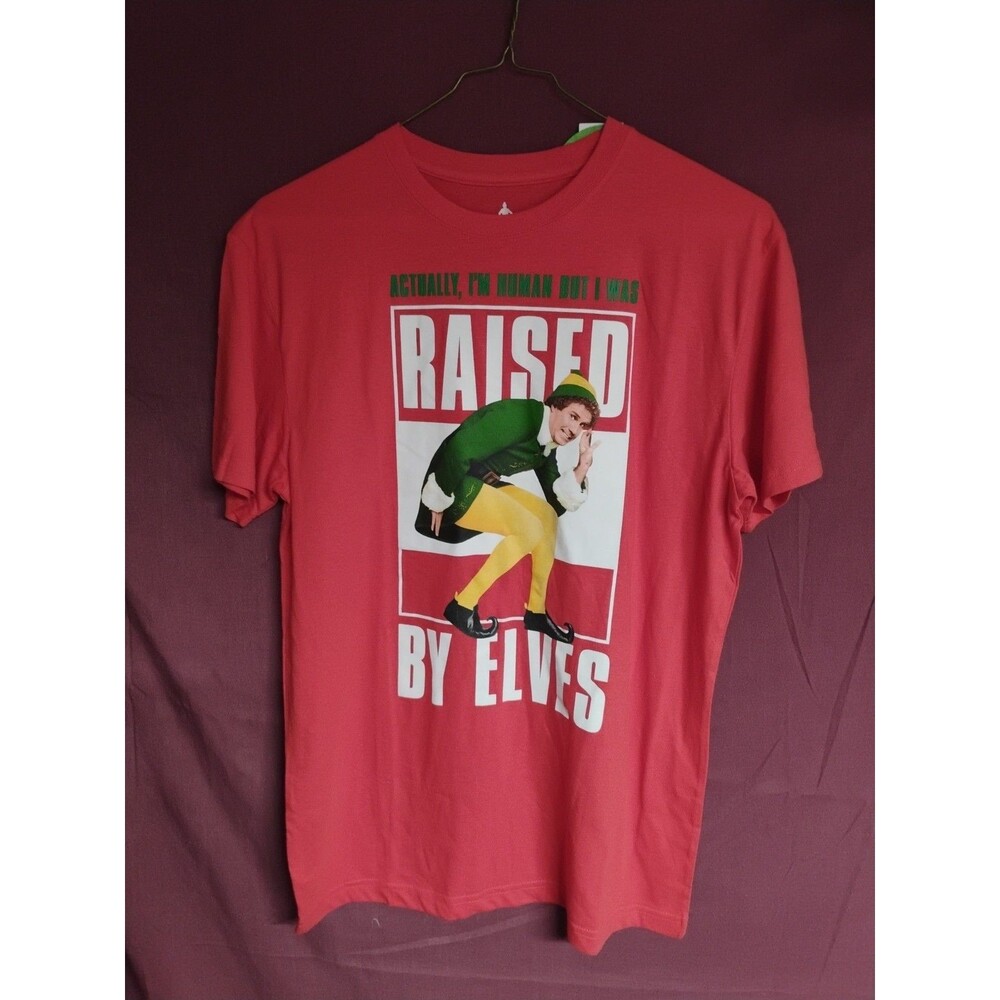 Elf Movie Medium Raised by Elves Christmas Shirt Unisex Red Short Sleeve